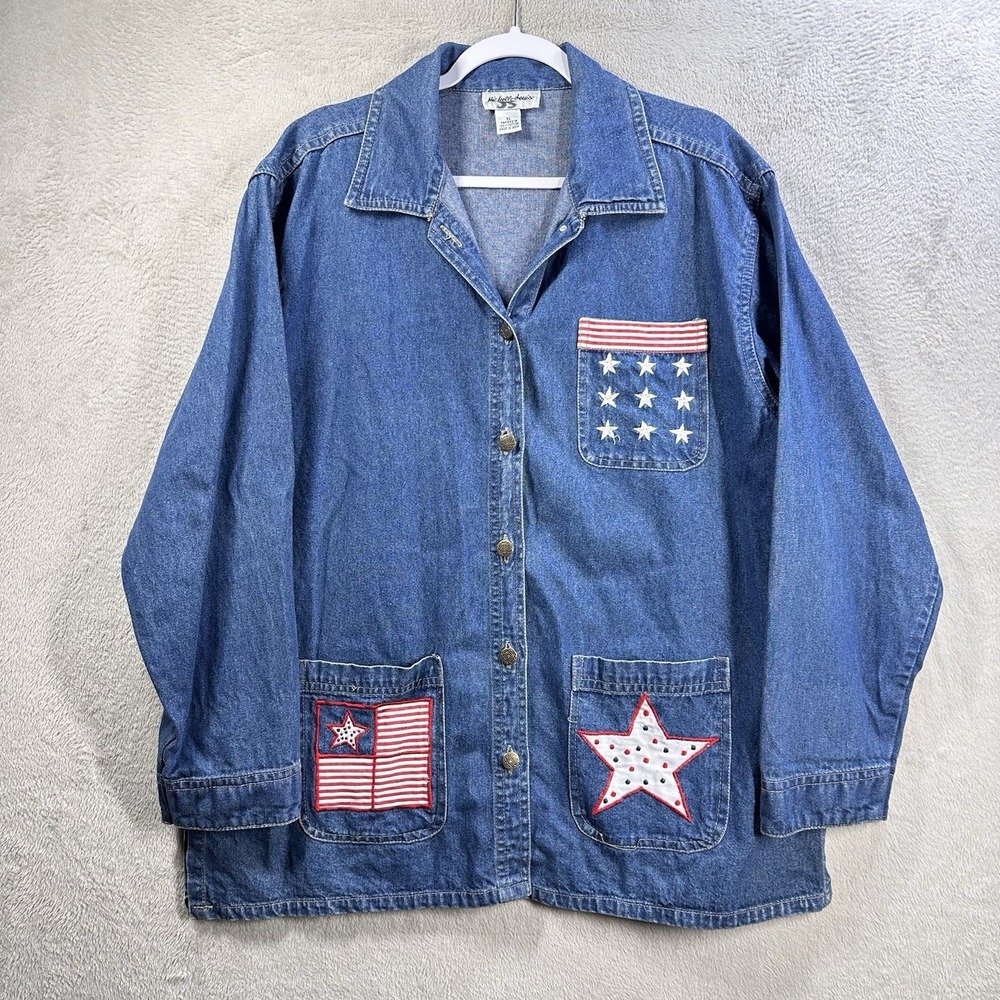 Michelle Louise Vtg Denim Shirt Jacket XL Americana Flag 4th of July Patriotic